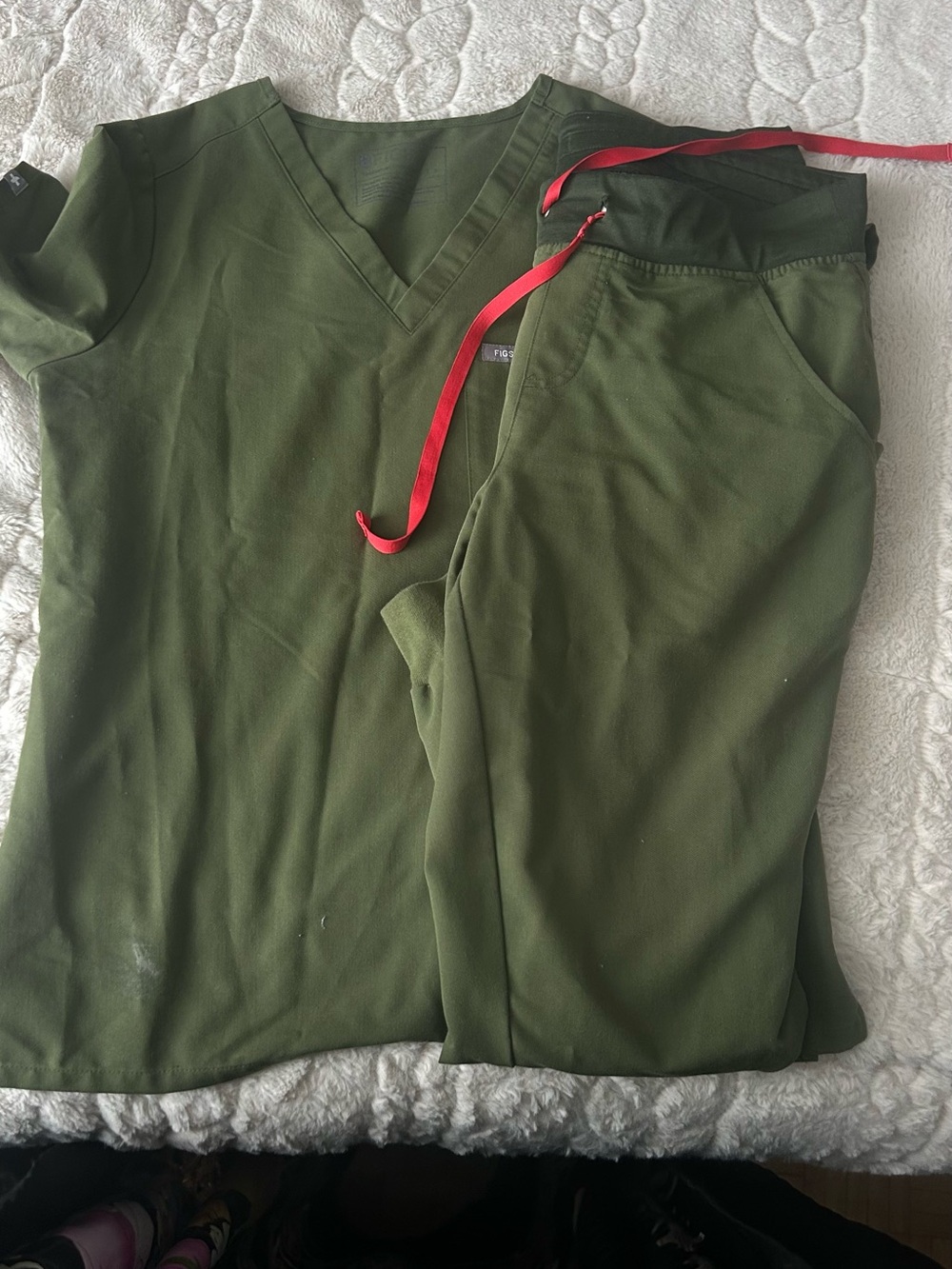 FIGS Olive Green Women's Scrub Joggers with Red Drawstring